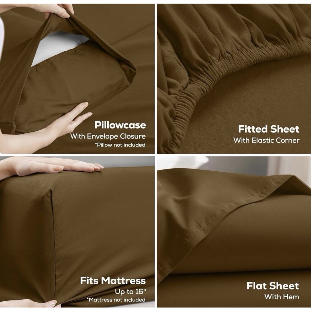 King Sheets Set, 4 Pieces 16" Deep Pocket Hotel Luxury Bed Sheets, Mocha - Picture 3 of 7